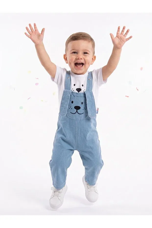 Детский комбинезон для мальчиков хлопковый комплект Cotton ear detailed soft denim 2-piece baby boy salopet set Kids Kingdom, Blue — фото 3