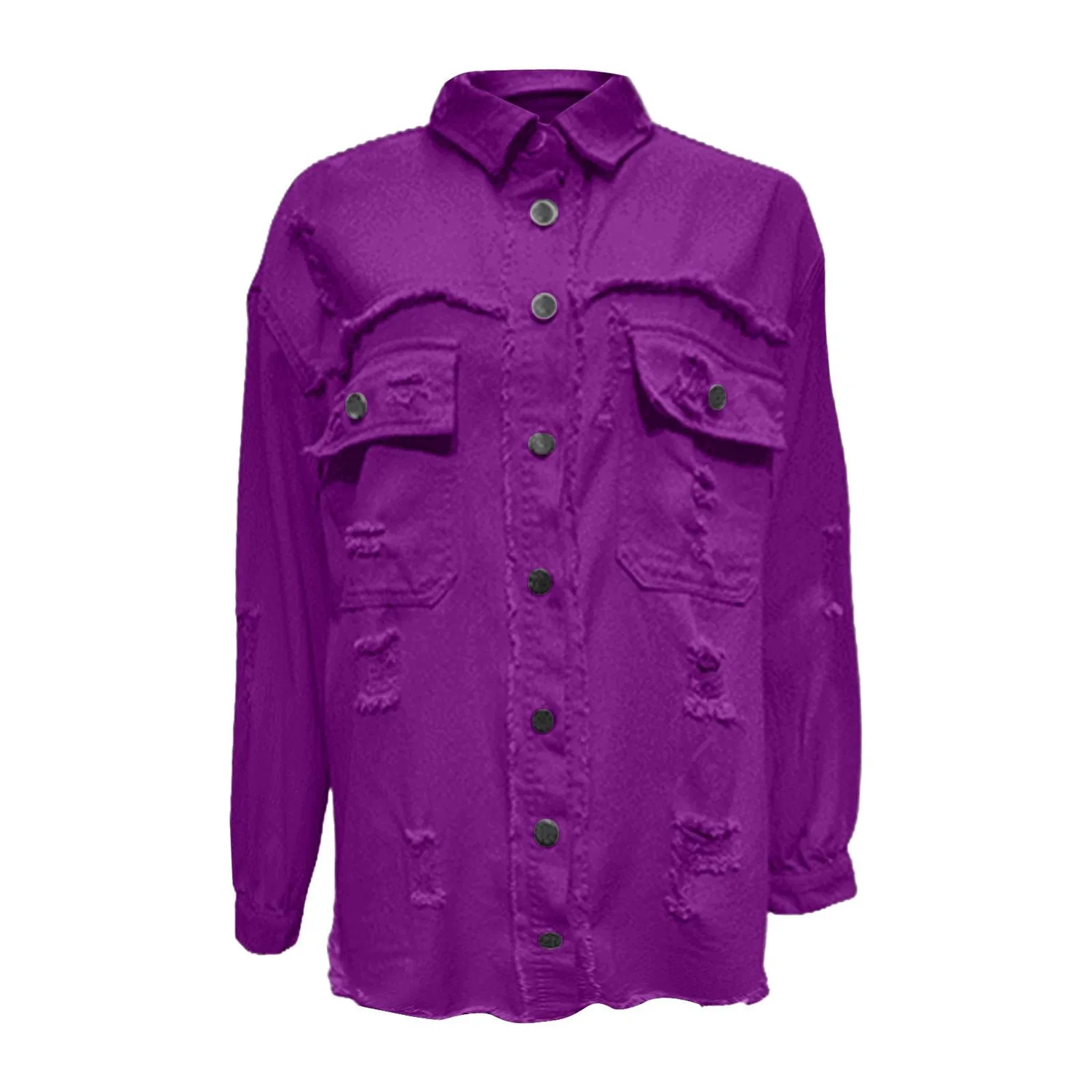 Женская джинсовая куртка с принтом, модель Giacche di jeans da donna alla moda colletto con risvolto button down cappotti in denim invecchiato strappato cowboy abito western manica lunga camicia chambray giacche leggere orlo sfrangiato Jean, Vio... — фото 3