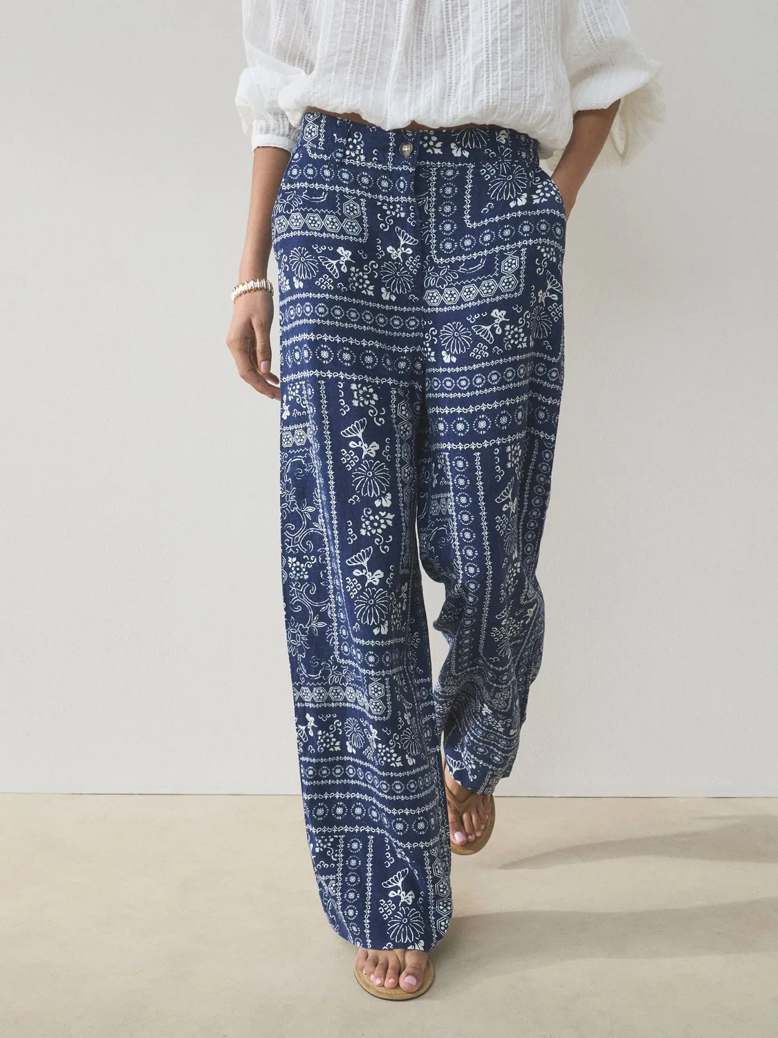 Брюки прямого кроя из льняной смеси, модель Smart Front Next, Navy Blue/Ecru Print — фото 2