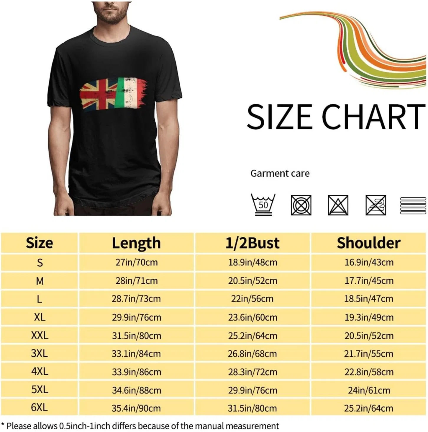 Мужская футболка с принтом флага Италии и Америки Regular Fit, Black — фото 3