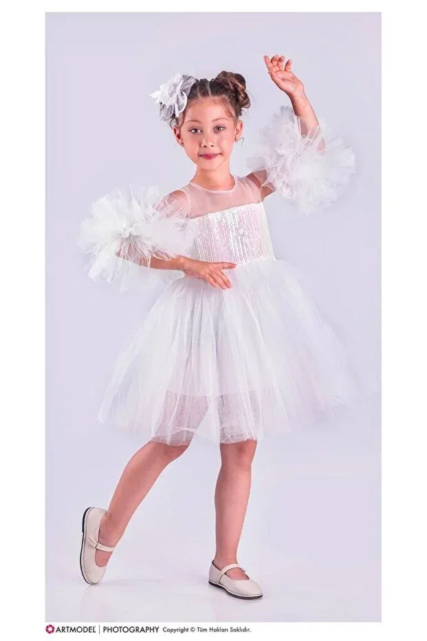 Детское платье для девочек с принтом Pom-Pom non-removable girls' 4-piece dress Kokoş Bebek, White