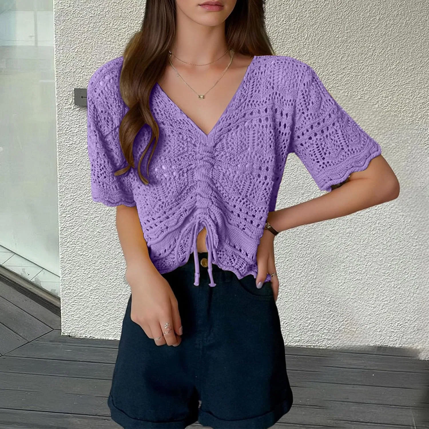 Женская пляжная накидка с кружевом V-образным вырезом, Purple — фото 3