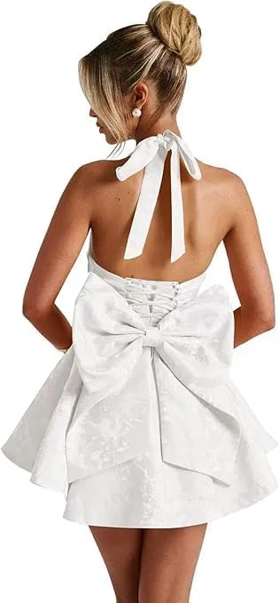 Женское атласное коктейльное платье с бантом Halter, White