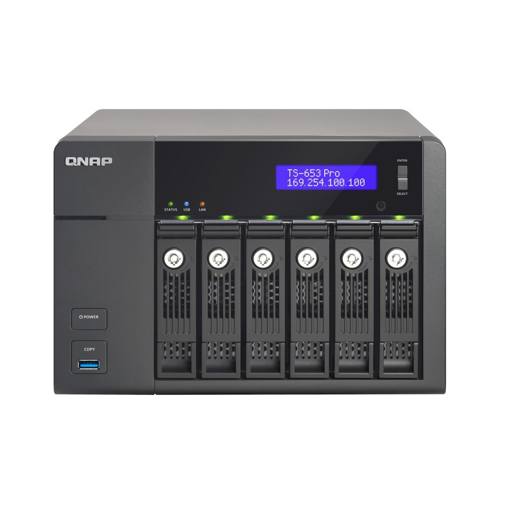 

Сетевое хранилище QNAP TS-653 Pro, 6 отсеков, 2 ГБ, без дисков, черный