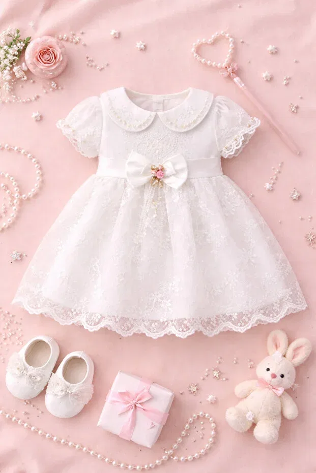 Детское платье для девочек с коротким рукавом Heart-Embellished Pearl Ley Bebe, White