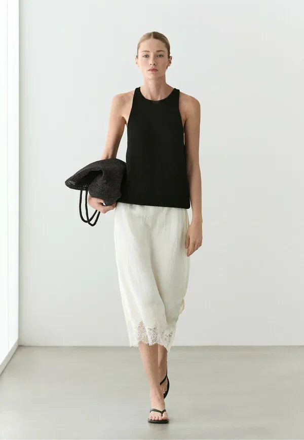 Юбка миди из ацетата Flowing midi skirt with lace detail, Massimo Dutti, white, белый — фото 2