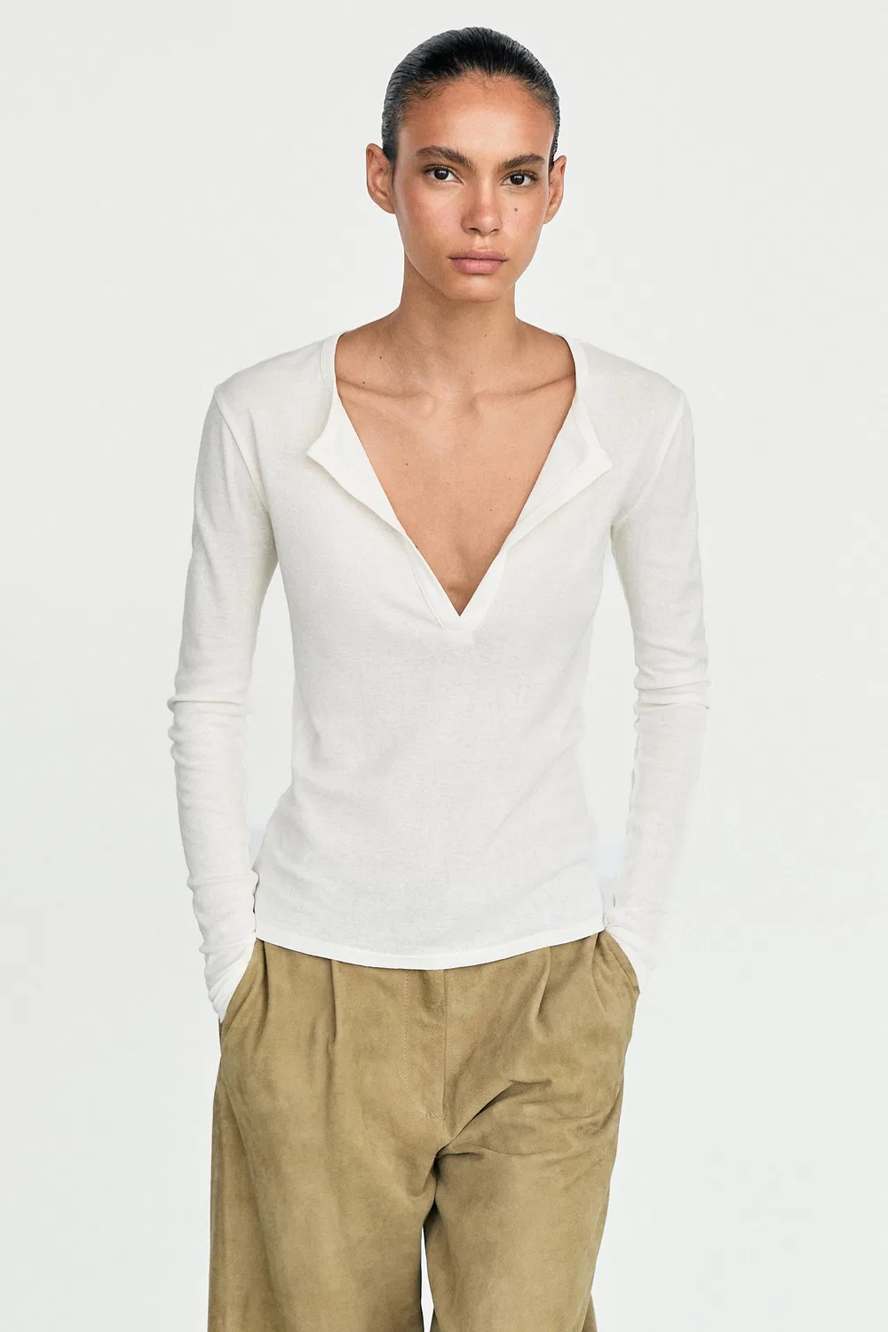 Лонгслив Massimo Dutti 100% Cotton V-neck, кремовый
