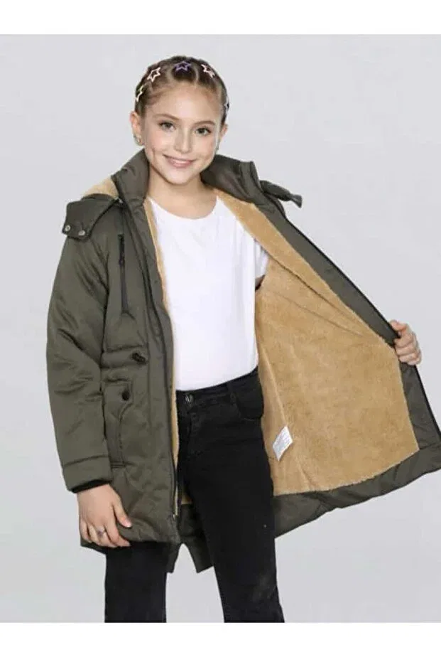 Детское зимнее пальто для девочек с капюшоном Arafım Butik, Khaki