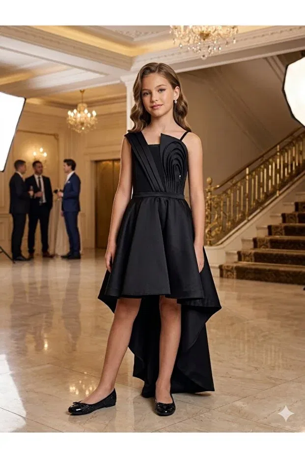 Детское платье для девочек с принтом 3D Spiral Appliqué Detailed Tailed Erkut, Black — фото 2