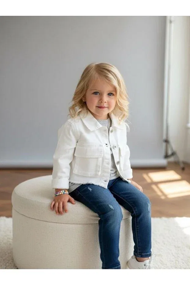 Детский джинсовое джакет для девочек с коротким рукавом Zekids, White — фото 2