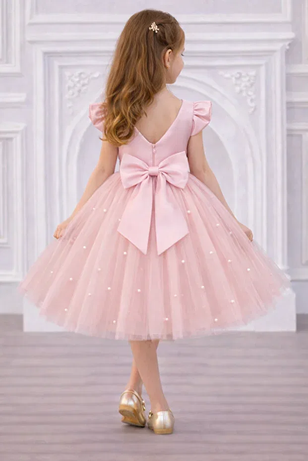 Детское платье для девочек с принтом Girl'S Bow Detailed Pearl Graduation Birthday Party Dress Princess Dress Nsmlife, Powder — фото 2