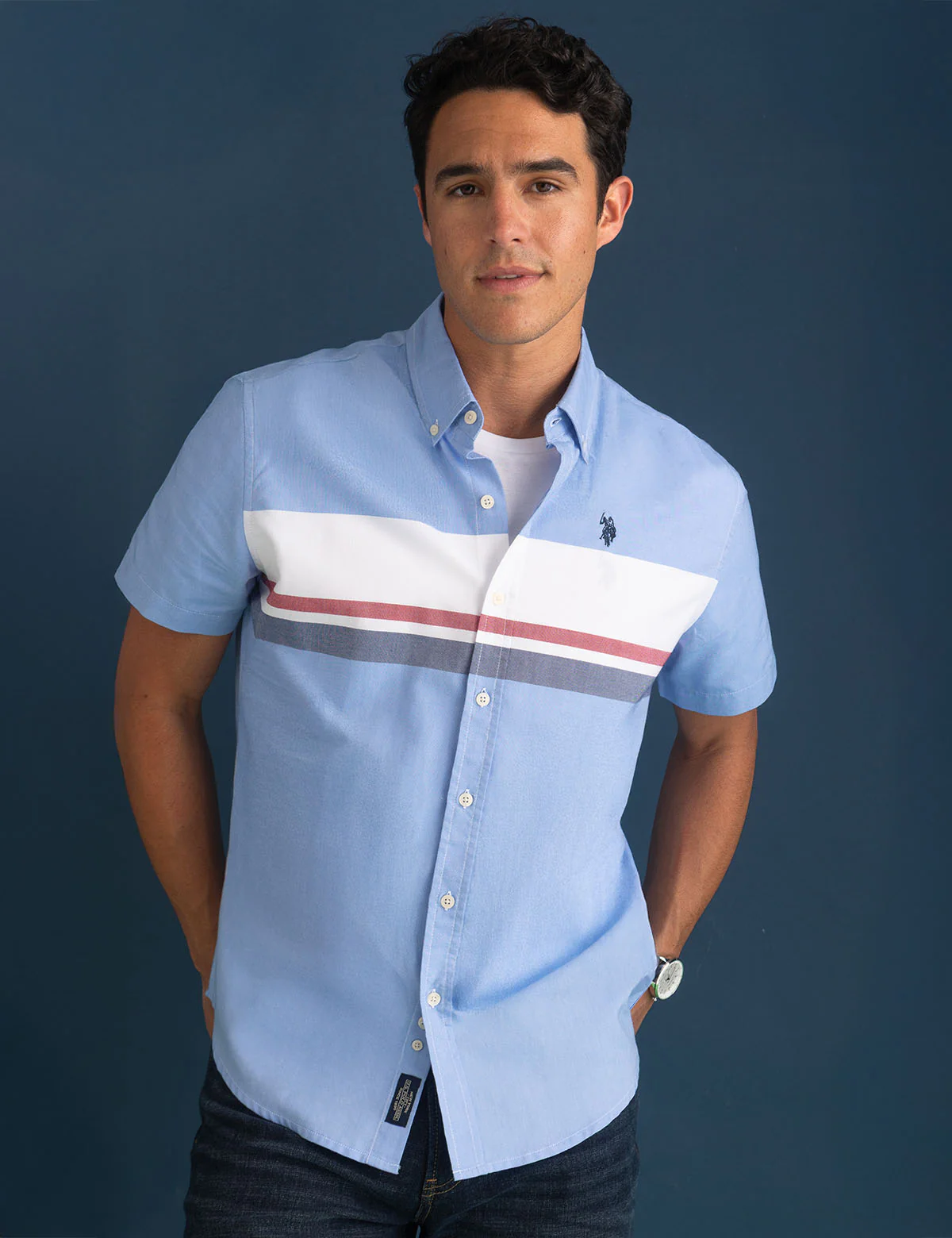 

Рубашка U.S. Polo Assn Short Sleeve Color Block Chest Stripe, светло-голубой