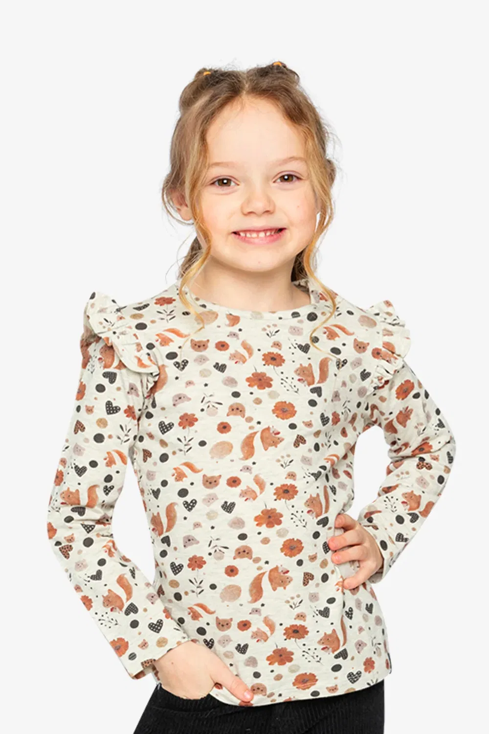 Детская футболка для девочек с длинным рукавом с принтом Black Caramel Deux par Deux, Beige With Squirrel Print — фото 2