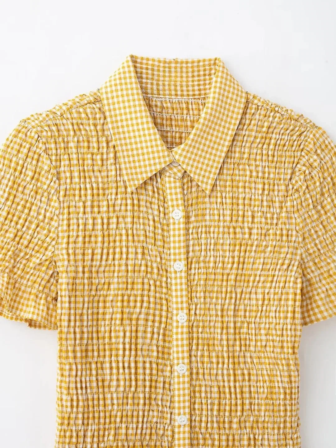 Женское платье-рубашка плиссированное в клетку с оборками, Yellow — фото 2