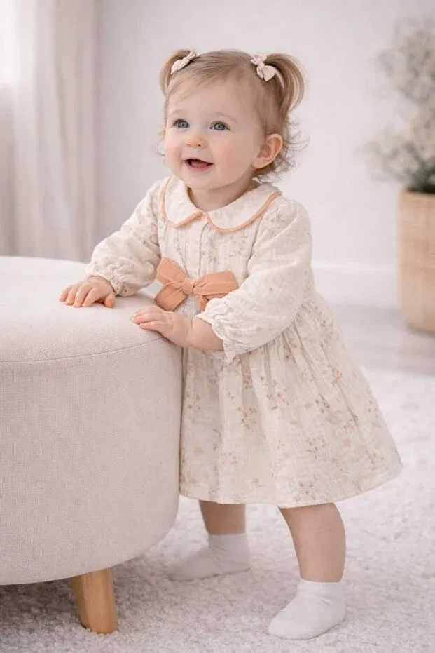 Детское платье для девочек хлопковое Krm Kerem Bebe, Ecru-Fawn