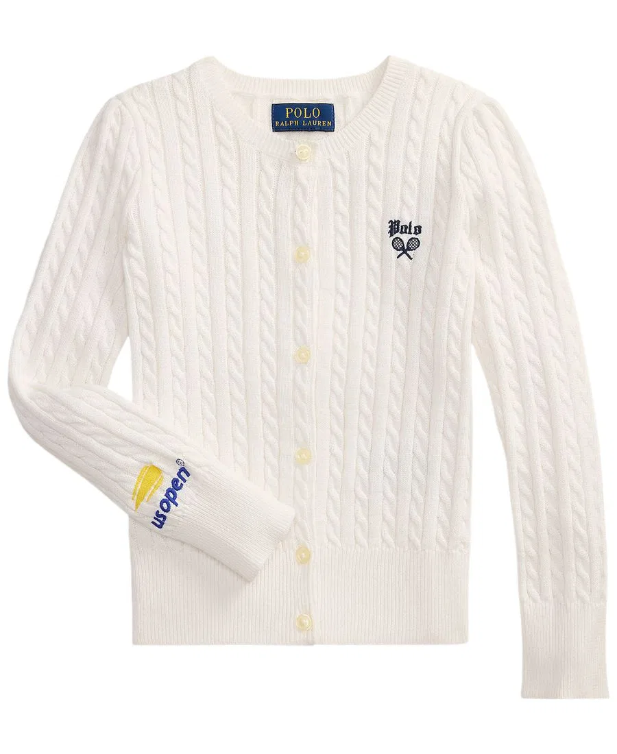 Детский кардиган из хлопка с длинным рукавом, с вышивкой US Open Polo Ralph Lauren, Ceramic White