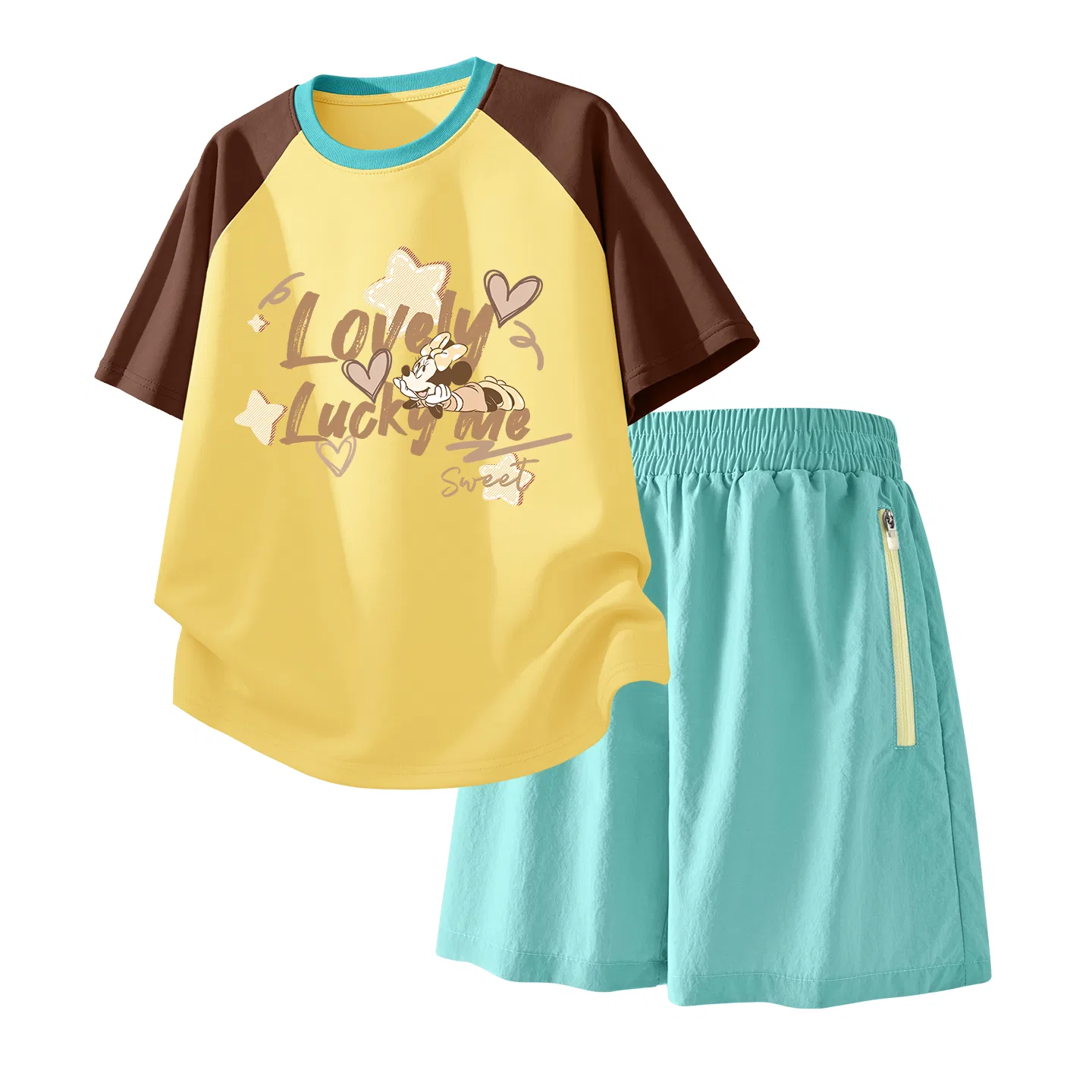 Детский спортивный костюм Casual Sportswear 2 Piece Set Disney, Daisy Flower Brown Yellow+Solid Color Mint Green — фото 3