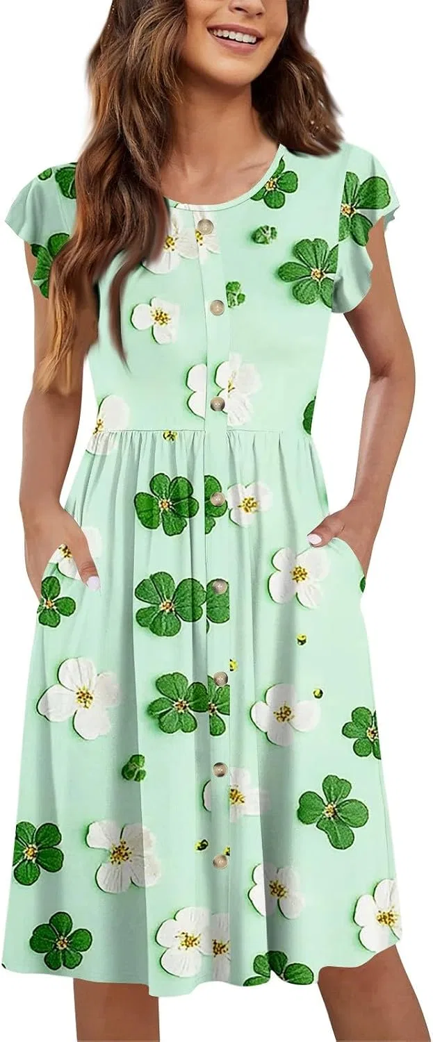 Женское летнее платье миди с цветочным принтом с карманами, Mint Green