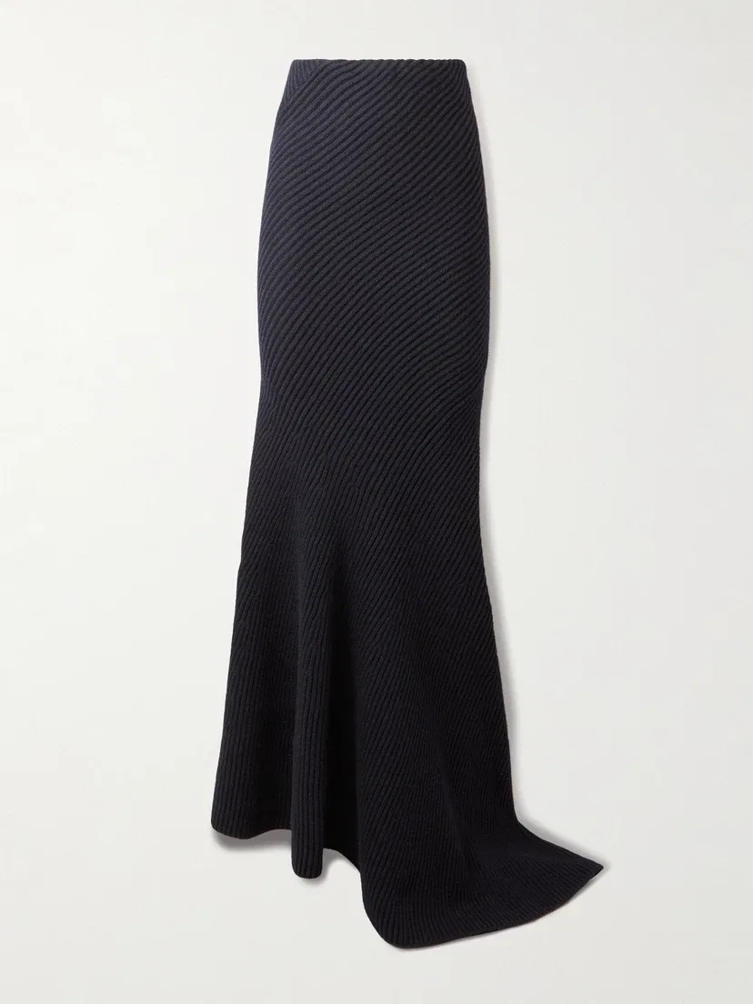 Асимметричная юбка из ребристой шерсти и кашемира Alaïa, синий