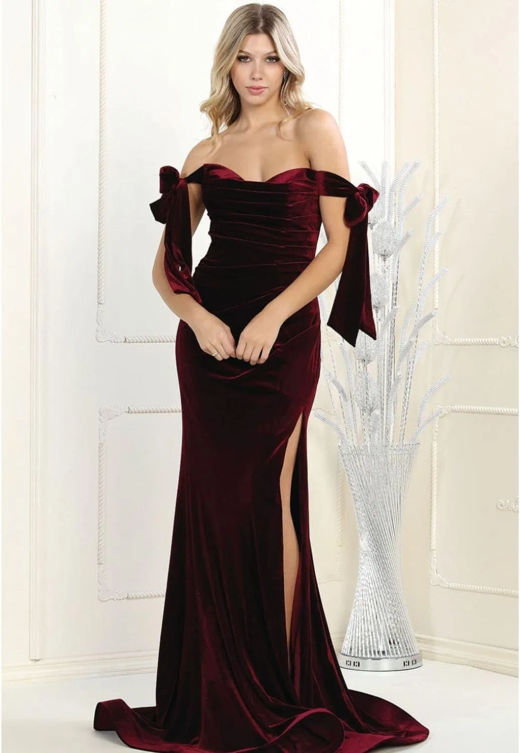 Женское вечернее платье из бархата, Off the Shoulder High Slit Ruched Evening Gala Gown, бордовый — фото 3