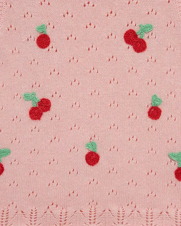 Детский комплект для девочек с принтом Cherry Pointelle Top & Shorts Set Little Me, розовый — фото 4