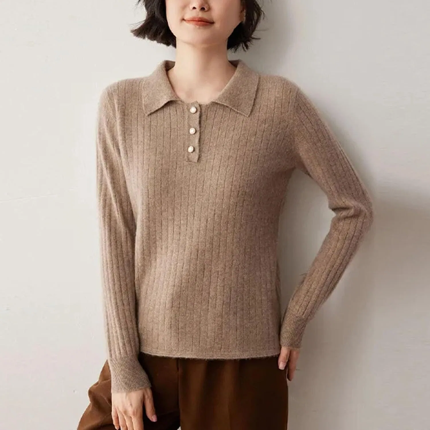 Женский пуловер с воротником из кашемира, модель Collar Cashmere, светло-коричневый — фото 3