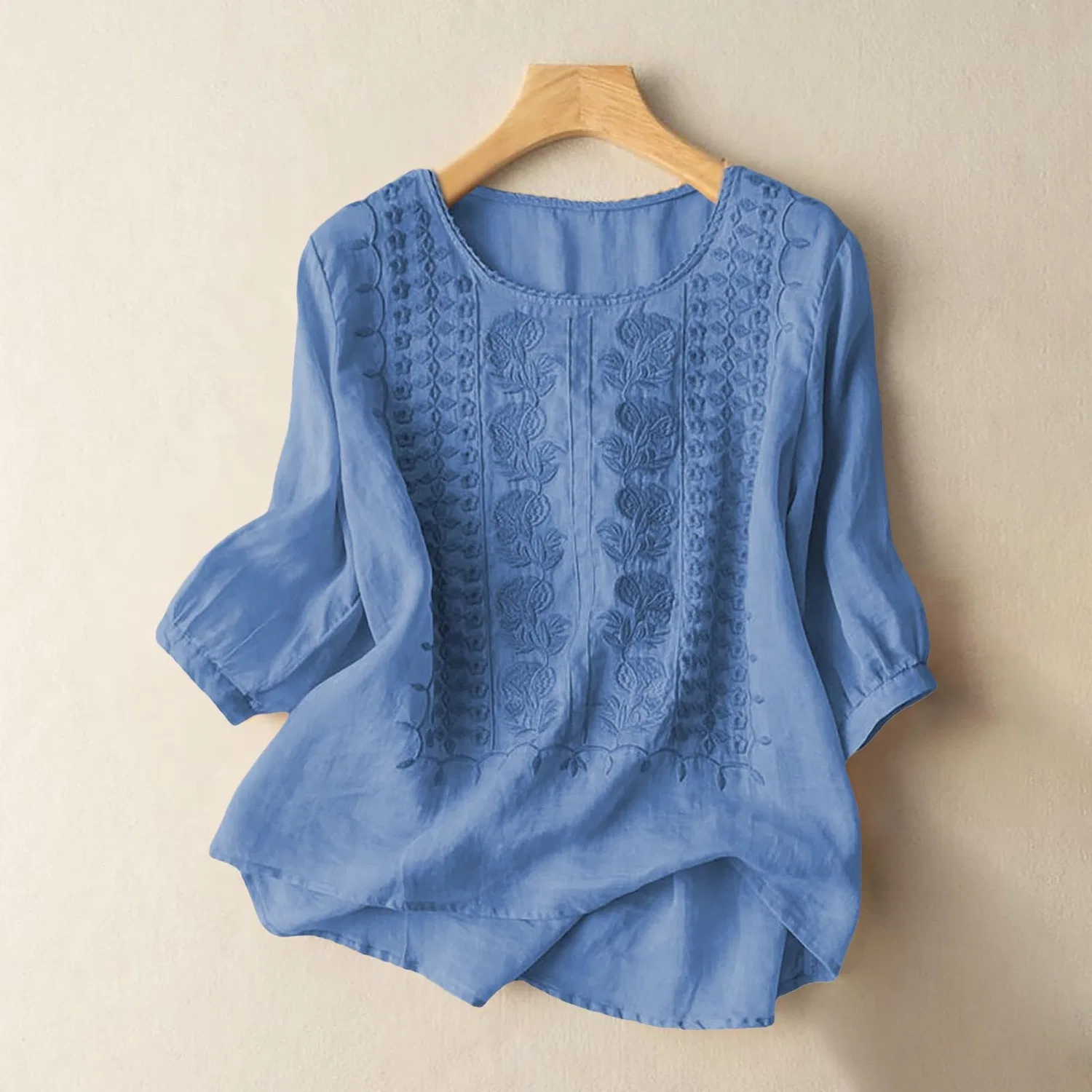 Женская блуза с цветочной вышивкой Cotton Linen Tops, Z12-blue Linen Shirts for Women — фото 3