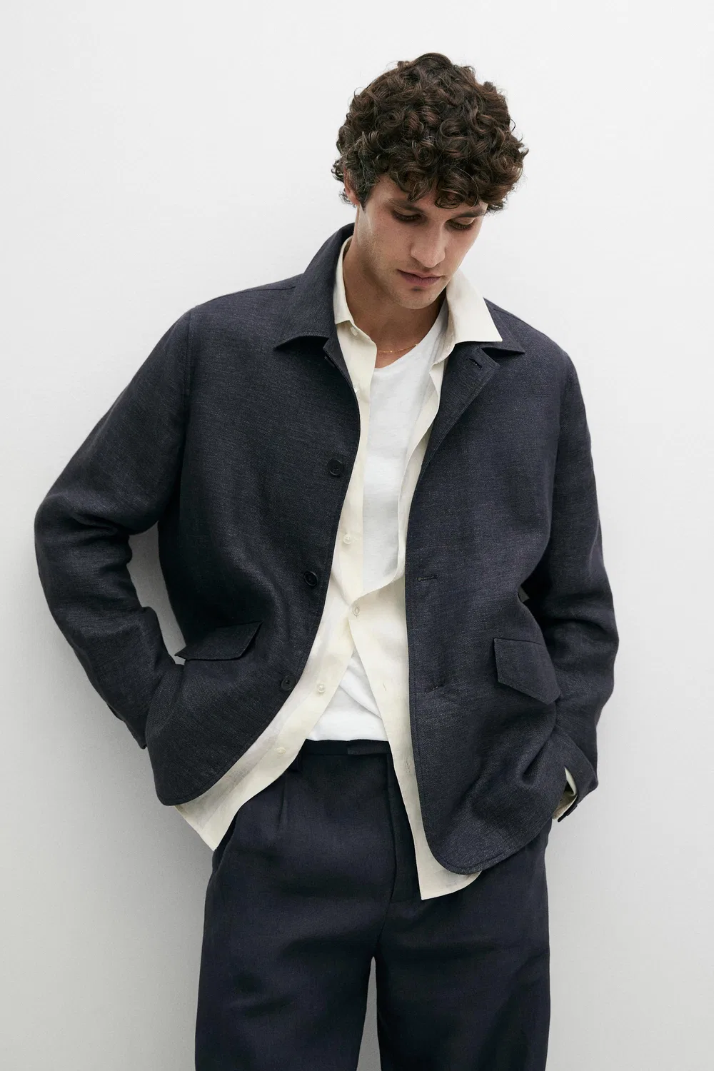 Рубашка-Куртка из меланжевого льна, 100% льна Massimo Dutti, Ink Blue — фото 2