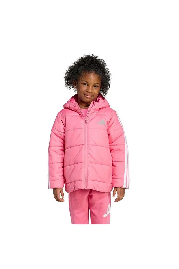 Детская куртка для девочек с принтом Essentials 3-stripes fiber filled Adidas, Pink Fusion-White — фото 2