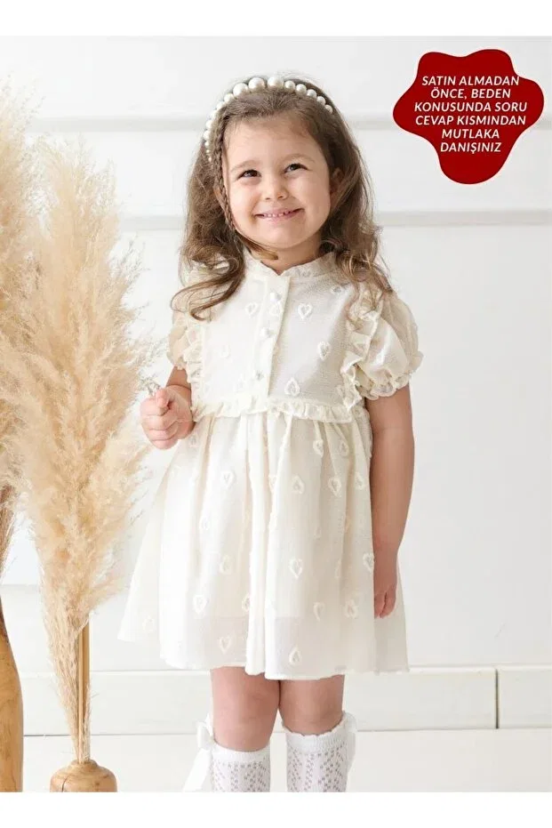 Детское платье для девочек с принтом Heart Detailed Aysskids, Ecru