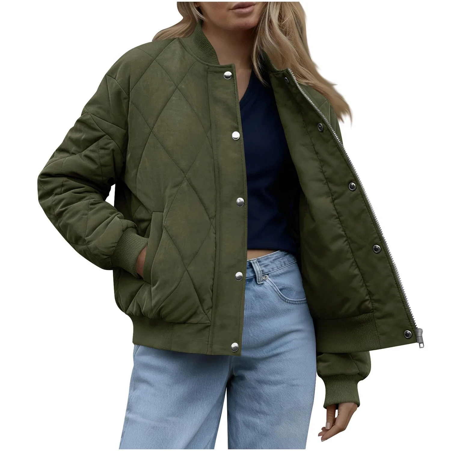 Женская куртка-бомбер легкая с длинным рукавом, Verde militare 1
