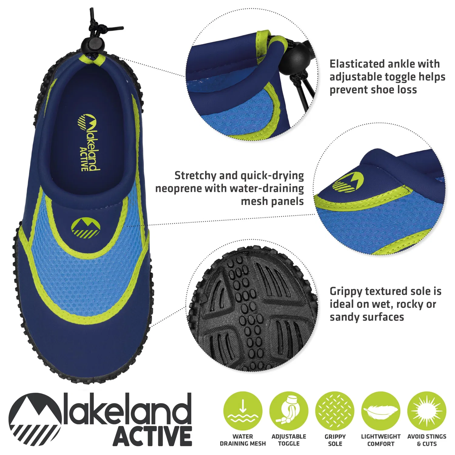 Детские водные туфли для мальчиков с регулируемой пяткой Eden Lakeland Active, Navy Blue Lime — фото 4