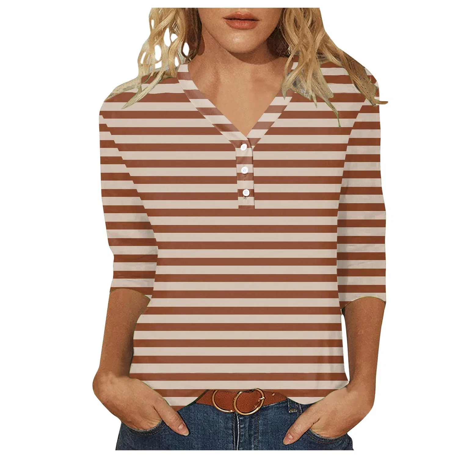 Женская футболка с принтом Plaid Shirt 3/4 Sleeves, E-brown