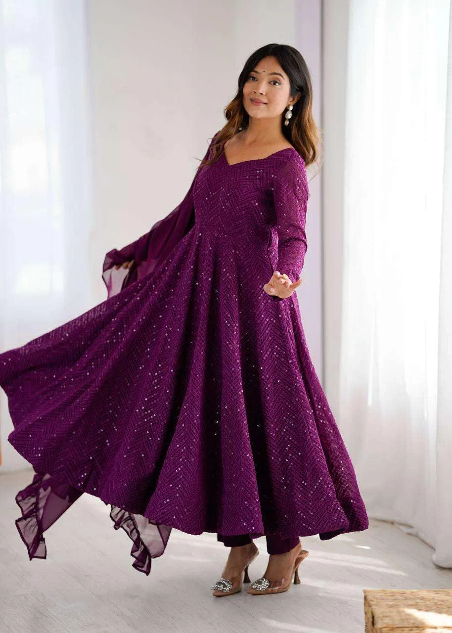 Женская туника-курта с вышивкой Anarkali, комплект с брюками и дупаттой, фиолетовый — фото 3