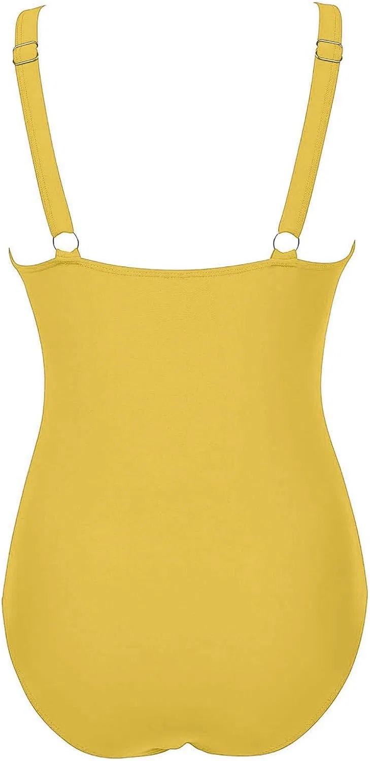 Женский слитный купальник с утяжкой живота mesh plunge V-neck, Yellow — фото 4
