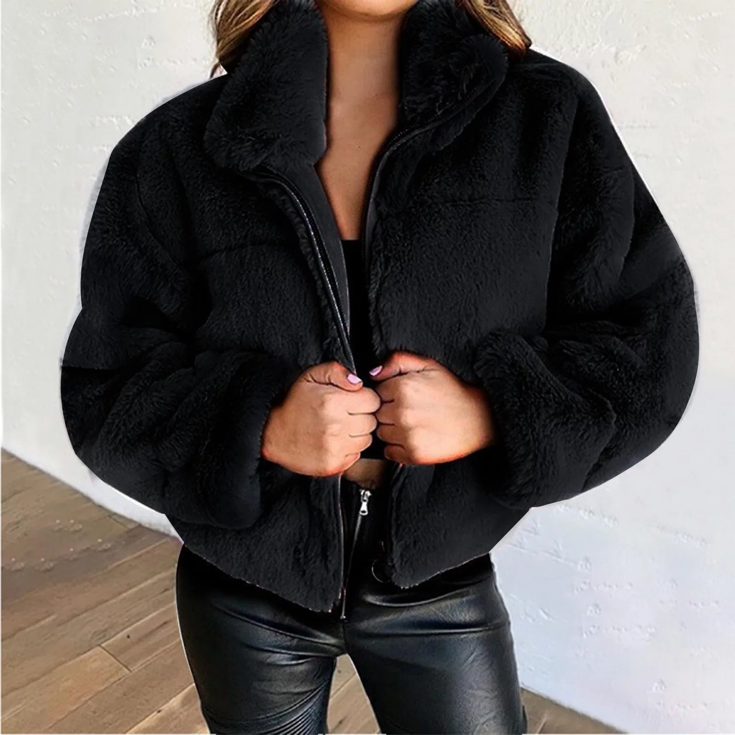 Женская куртка из искусственного меха с длинным рукавом Oversized Y2K, Black — фото 2