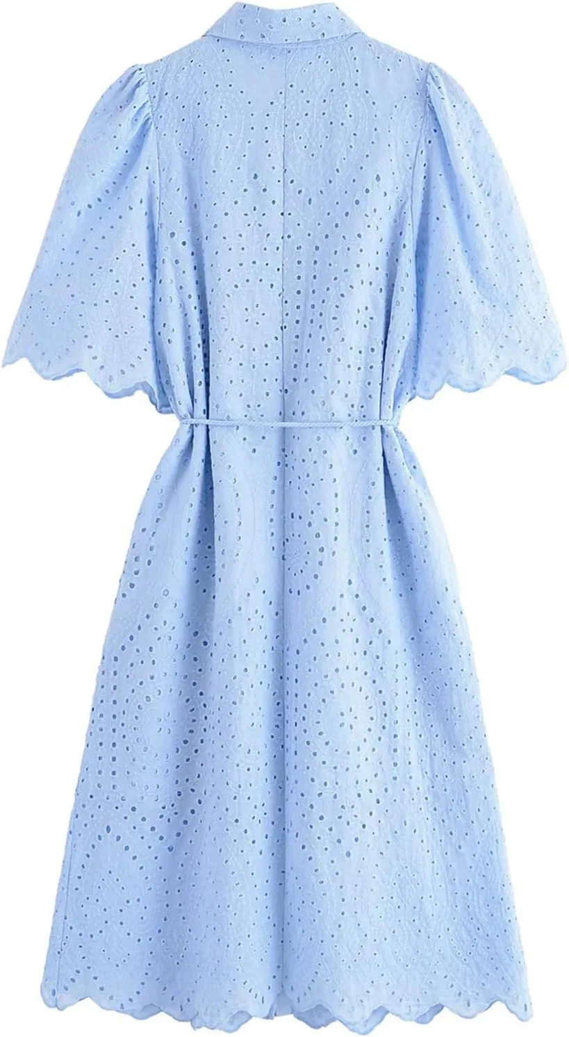 Женское платье миди с вышивкой и поясом Casual Elegant, Sky Blue — фото 3