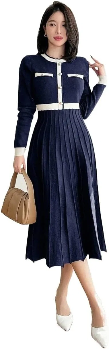 Женское платье-свитер миди с круглым вырезом, Navy Blue — фото 3