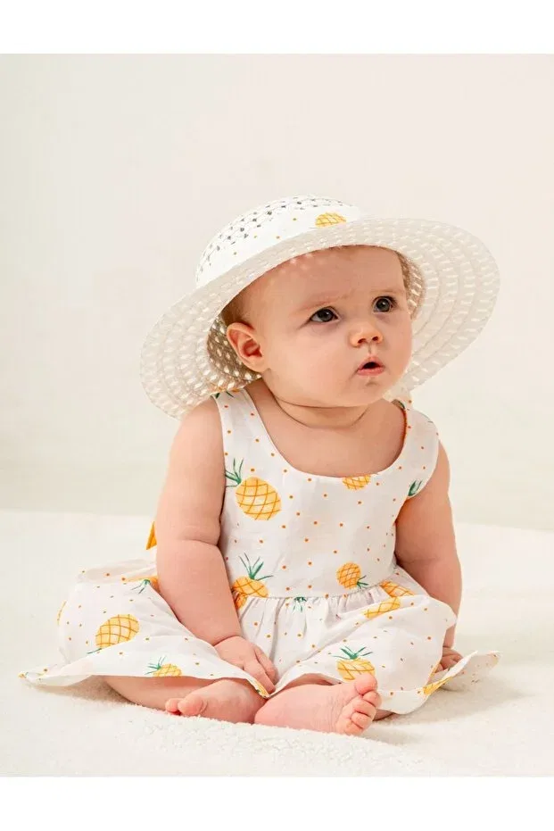 Детское платье для девочек с принтом Pineapple Patterned Summer Hat Dress Set Kidsmom Store, White — фото 3