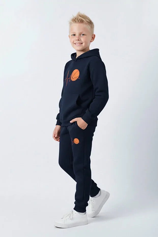 Детский спортивный комплект для мальчиков с принтом 3 iplik winter ş fleece-lined pulse basketball print detailed Panios Kids, Navy Blue — фото 3