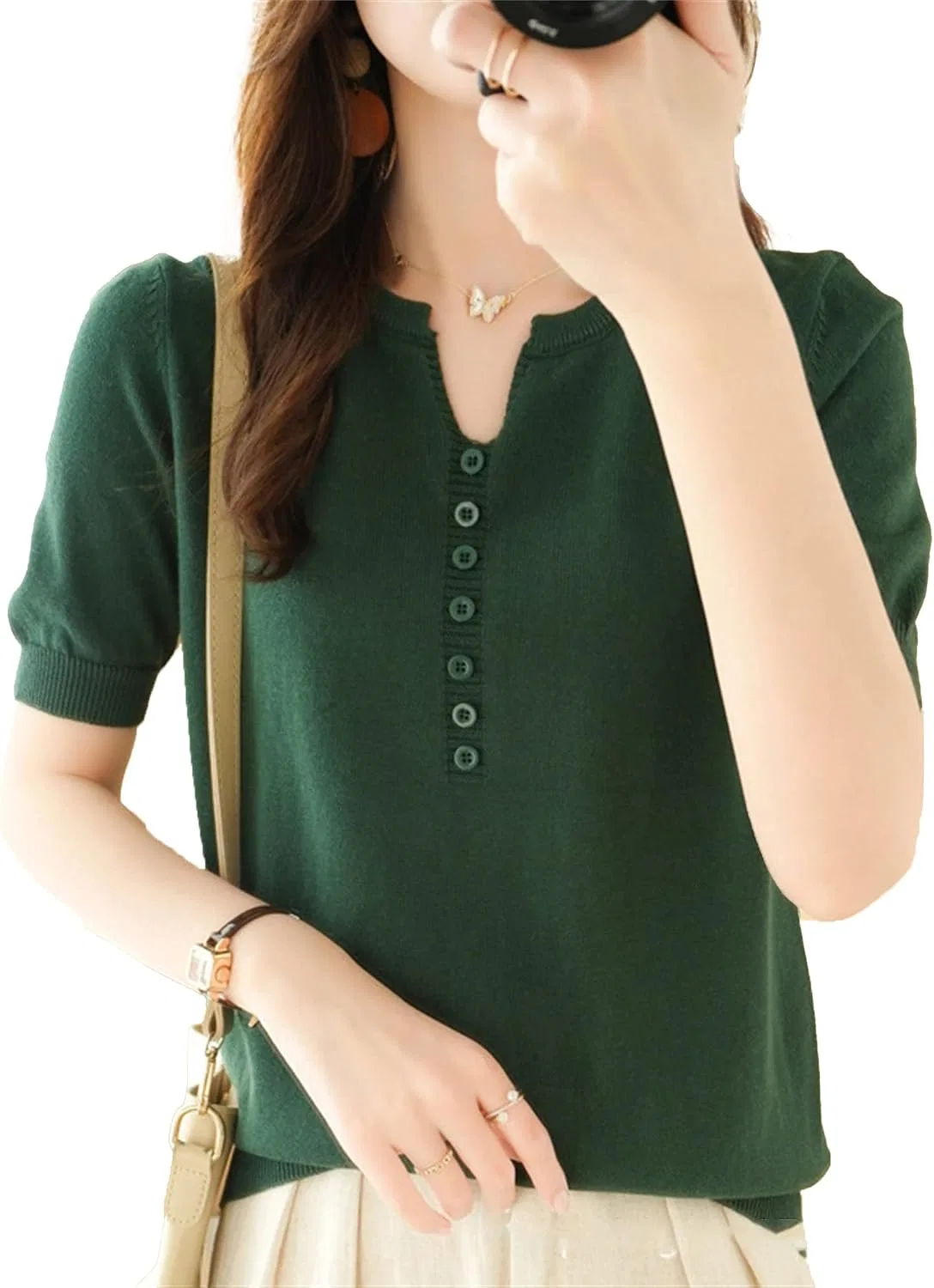 Женская футболка с V-образным вырезом в рубчик Henley, Green