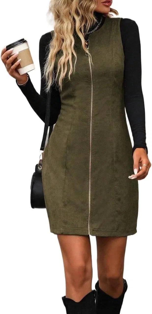 Женское короткое платье с вельветом, без рукавов, Army Green