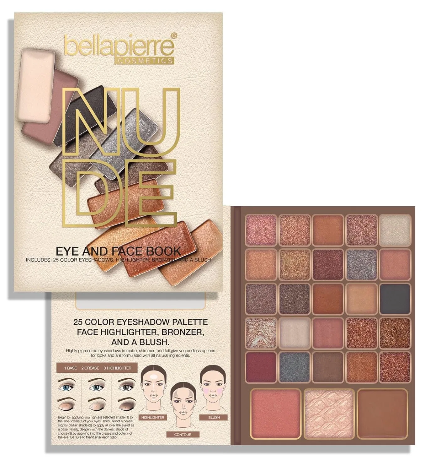 Палетка теней для век и лица 25 оттенков bellapierre, Nude Face & Eye Book Palette, 225 г