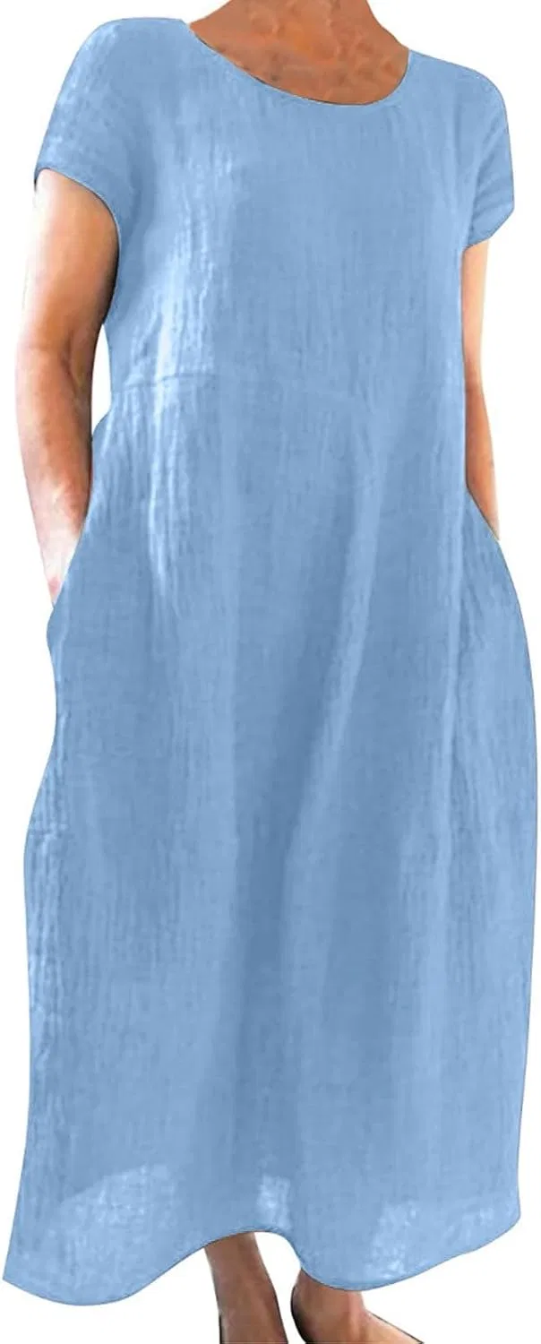 Женское летнее платье макси из хлопка и льна, 05 Blue