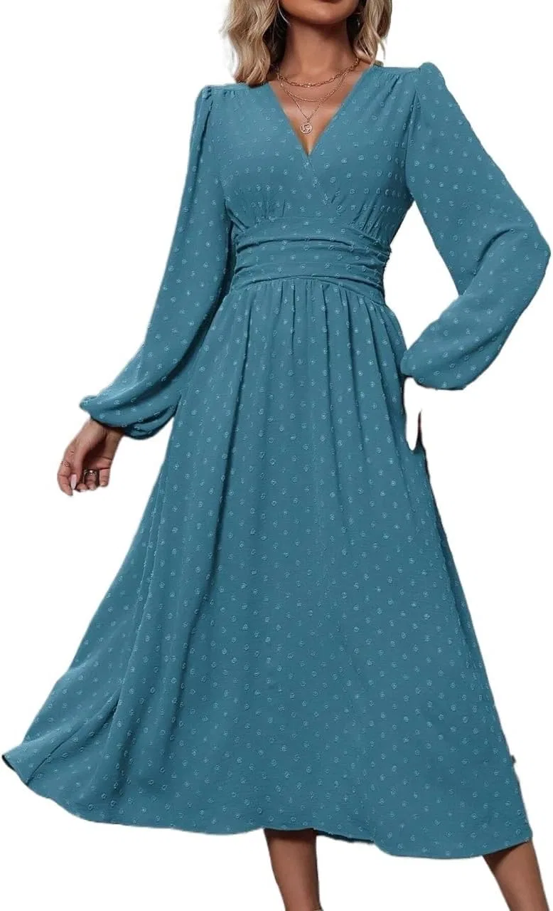 Женское A-силуэта платье миди с рукавами-фонариками и драпировкой, Teal Blue
