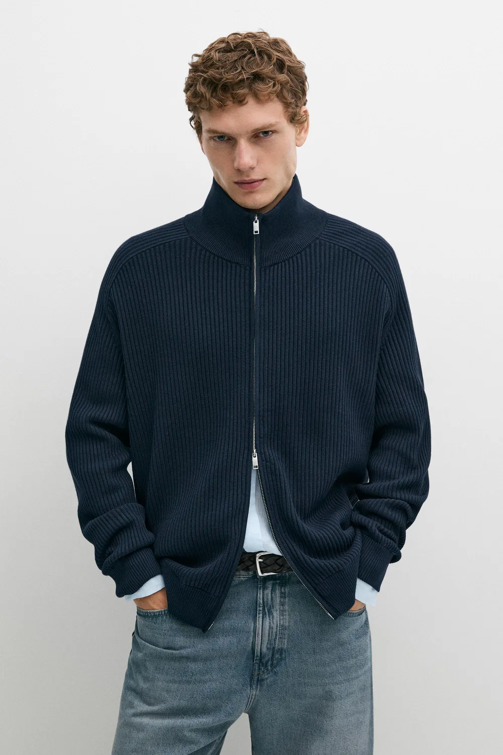 Кардиган Massimo Dutti 100% Cotton Ribbed Knit, темно-синий