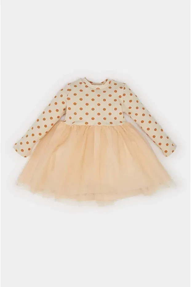 Детское платье для девочек с принтом Floral Long Sleeve Tulle Dress Defacto, Beige-Bg360