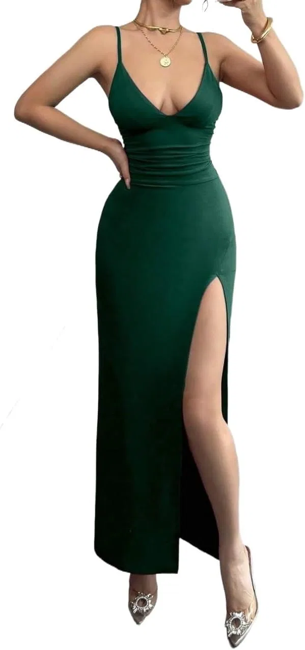 Женское коктейльное платье на бретелях с разрезом, Dark Green