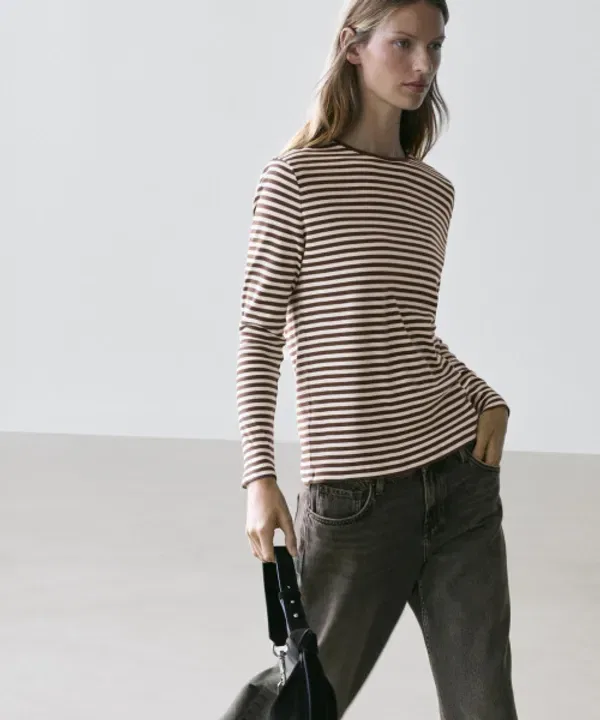 Футболка с длинным рукавом, контрастная отделка, полоска, Massimo Dutti — фото 4