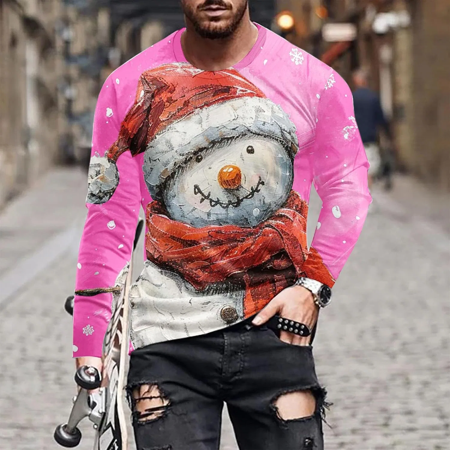 Мужская футболка с принтом снеговика Long Sleeve, Pink — фото 2